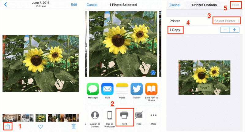 Instructions for printing images from the Photos application